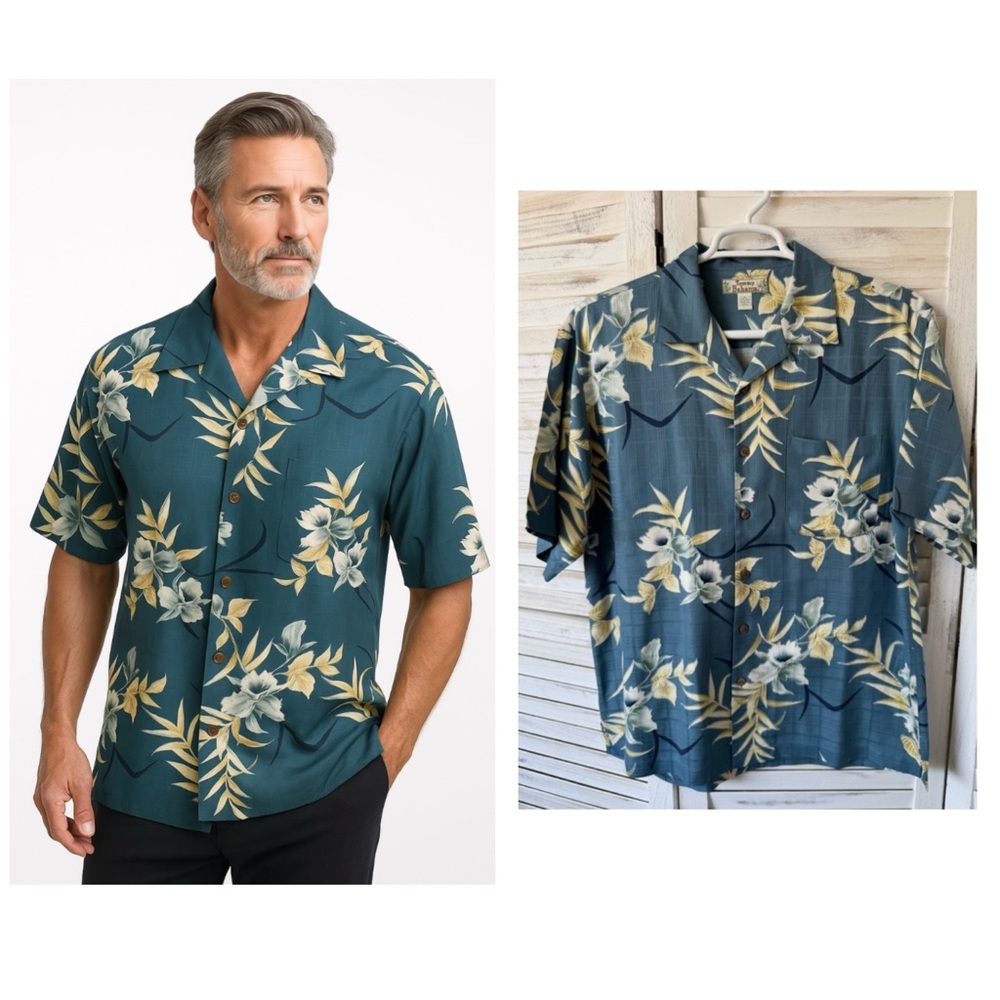 Tommy Bahama Mens M Short Sleeve Blue Silk Floral‎ Hawaiian